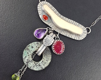 Bone Charm Necklace, sterling silver, michele grady, stamped, turquoise necklace, blue silver, turquoise jewelry, amethyst, ruby, peridot