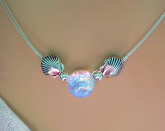 Delicate Dichroic Glass Mermaid Tear Choker in Translucent Tropical Colors, Dainty, Delicate, Silver Sea Shells, Beach Chic, Mermaid