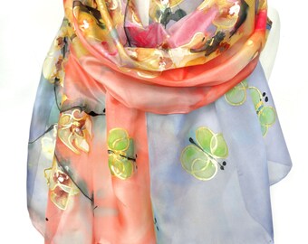 Hand Painted Shawl. Almond Tree Butterflies Scarf. Anniversary Birthday Gift for Her. Foulard Echarpe. Silk Painting. 18x71in MADE to ORDER