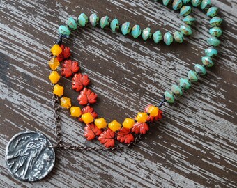 Unlisted - Bird Necklace - Multi Strand Necklace - Teal and Orange - Boho Bird Necklace - Knotted Necklace - Bead Soup Jewelry