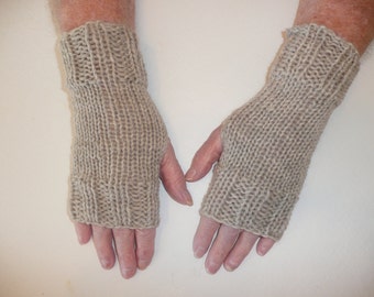 Hand Knit Fingerless Mittens/Texting Gloves-Birch 100% Wool Wrist Warmers