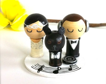 DJ Music Themed Wedding Cake Topper and pet Custom Kokeshi Spool Doll 3D Clay Headphones Record Musical Notes Stand Wooden Wedding Cake