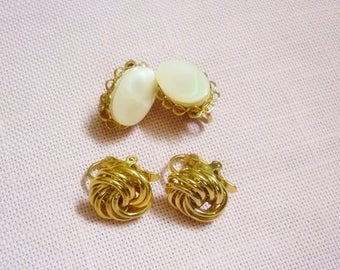 2 pair Earrings Mother of Pearl Clip ons-Gold Knot clip ons-2 pair Vintage Clip ons