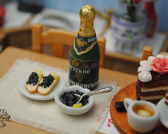 a super realistic miniature caviar and champagne made from polymer clay, polymer dessert, miniature food