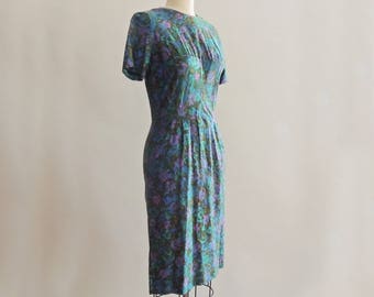1950's Watercolor Floral Wiggle Dress // Cotton Floral Wiggle Dress // Pin Up Dress // Rockabilly Dress // Size Medium