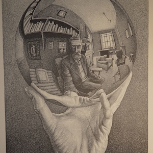 1975 Vorpal Gallery SoHo invitation poster for M.C. Escher four-gallery show, rare woodcut, 38"x12"