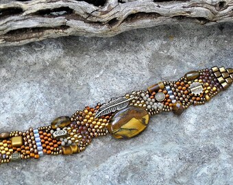Jewelry - Free Form Peyote Stitch Beaded Bracelet - Bead Weaving - Tiger Eye - BOHO