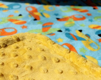 Minky Blanket Turquoise Airplane Print Minky with Yellow Dimple Dot Minky Backing - Perfect Size a Toddler or Child