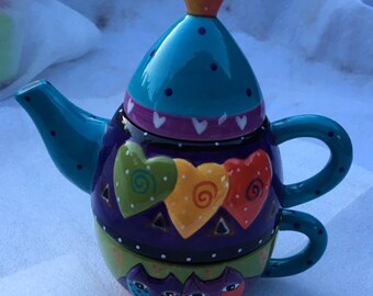 LAUREL BURCH Teapot 3 Piece Cats & Hearts - Teapot and Mug