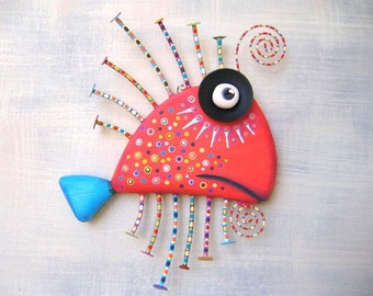 Tangerine Sardine, MADE to ORDER, Original Found Object Wall Sculpture, Wood Carving, Fish Wall Art, by Fig Jam Studio