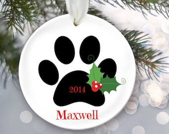 Family Pet Ornament Dog Ornament Cat Ornament Personalized Christmas Ornament Paw print Name and Date Custom Pet Gift Ceramic Ornament OR196