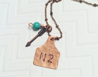 Cattle Brand Necklace - Ranch Brand Necklace - Ear Tag Necklace - Rustic Necklace - Gift For Her - Copper Cow Tag Necklace