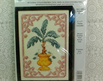 NMI Counted Cross Stitch Kit #4081 Victorian Palm with 5" X 7" with Plastic Frame 14 count Cotton Aida fabric, Graph and Floss Kit