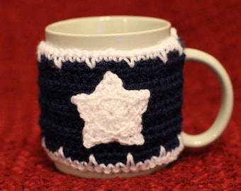 Navy Blue Crochet with White Star and Icicle Trimming Mug Cosy / Cup Cozy