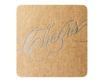 Cheers Coasters Letterpress Silver - 6 pack on Recycled Chipboard