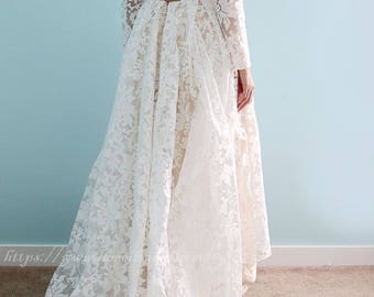 Long sleeve White Lace Dress, Tea length Front Long Back wedding Dress, Ivory White Lace Bude wedding party lace dress-L'Amei 2018