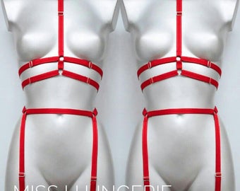 Body harness lingerie set. Red harness. Red garter belt. Red lingerie. Strappy lingerie. Sexy lingerie. BDSM lingerie. Gift for her.