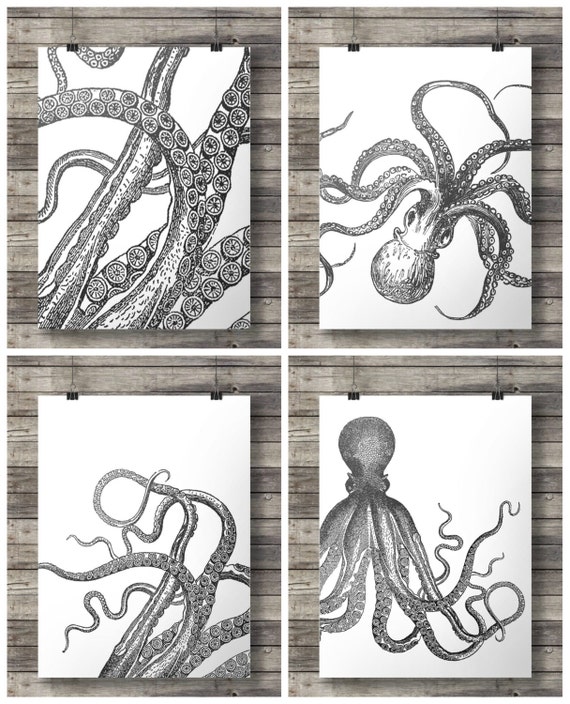 Octopus prints black white tentacles kraken nautical art Octopus prints black white tentacles kraken nautical art