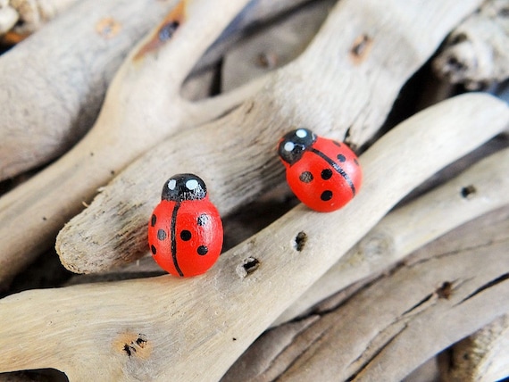 Wooden Handpainted Ladybug Stud Earrings Studs Lady Bug Ladybird Lady Bird Ladybeetle Lady Beetle Earring Ear Ring Rings Earings Cute Kawaii