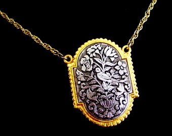 Art Deco Bird Locket Pendant, Vintage Perfume Locket, Statement Necklace, Gold Silver Floral Art Nouveau Pendant, Two Tone Locket