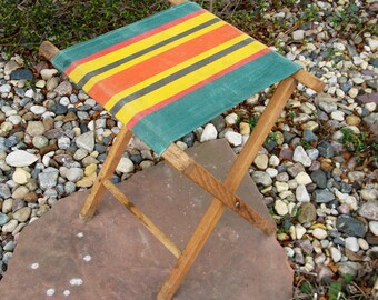 Vintage Wooden Folding Stool- Fishing-Camping- Beach Stool- wood stool- photo prop- cabin- retro stool-mid century- man cave-1950s