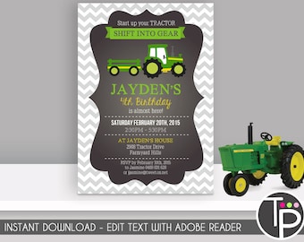 TRACTOR Invitation, Instant Download TRACTOR Invitation, Green Tractor Invitation, Tractor Party, Edit yourself with Adobe Reader