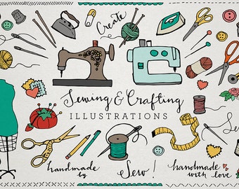 Sewing and Crafting Clipart - sewing machine, crafting clipart, sewing clip art , needle and thread, hand drawn, button, thread clip art