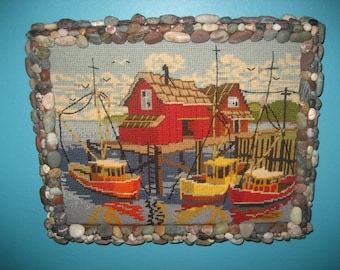 Rock Framed Embroidered Boat Dock Scene