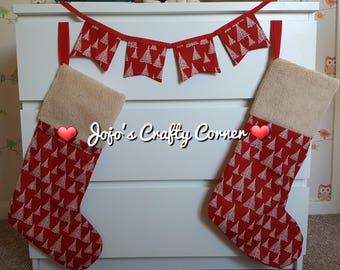 Handmade 'Trees' christmas stockings with matching bunting