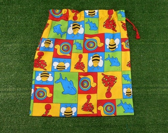 Kids library bag or kindy sheet bag, bright colourful animals, large toy bag