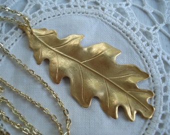 SALE Matte Gold Oak Leaf Pendant Necklace Nature Inspired Autumn