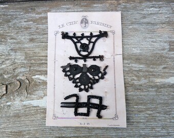 Vintage Antique 1890/1900 French Victorian jet fringes trims adornments samples on a card