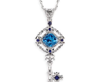 925 Silver Diamond Topaz Sapphire Key Pendant Chain