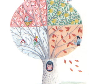 Illustration-Aquarelle-tirage d'art-affiche-décoration chambre d'enfants-arbre des saisons-oiseaux-printemps-été-automne-hiver-feuilles
