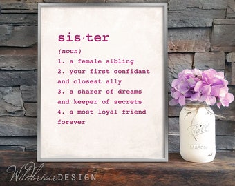 Printable Wall Art, Sister dictionary definition, girls room big little sister gift new baby, rustic canvas; INSTANT DOWNLOAD