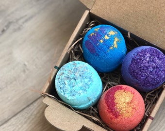 Bath Bomb Set 4 Galaxy Ultra Lush Handmade Fizzies Deep Color Shea Cocoa Butter Moisturize Dry Skin Luxurious Premium Quality