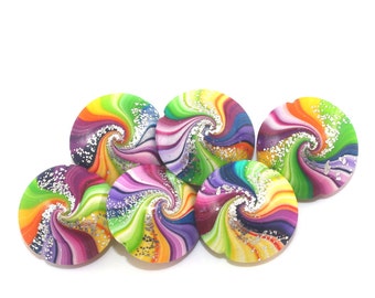 Colorful swirl lentil beads with tiny silver dots, polymer clay beads, unique pattern, set of 6 elegant focal beads