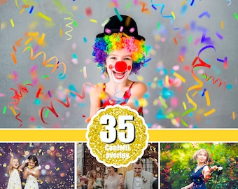 35 Confetti photo Photoshop overlays, realistic falling confetti, wedding birthday party celebration, blowing glitter, PNG