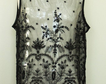 Beautiful Sheer Lace Top with black beading and scalloped hem