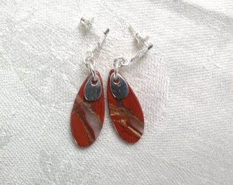 Red river jasper earrings. Red oval and sterling drop earrings.