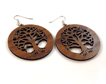 Tree of Life Sustainable Wooden Earrings - in Walnut - Wood Dangle Hook Earrings