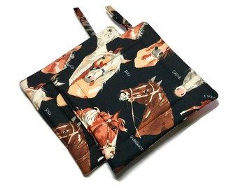 Handmade Quilted Pot Holders Horses set of 2 brown Potholders
