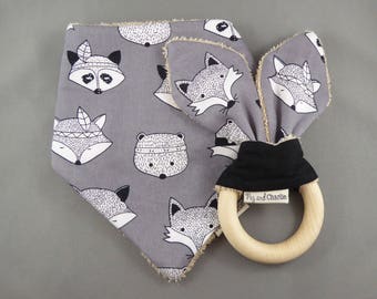 Gift Set - Bandana Dribble Bib and Teething Ring - Tribal Animals