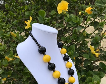 Vintage Bead Necklace // Artisan Ceramic Necklace // Black Yellow Silver Statement Bead Necklace // Vintage Handmade Artisan Necklace