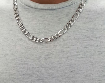 Italian sterling silver 925 rhodium plated Figaro necklace for men - Unique gift for men - Sterling silver heavy necklace for men