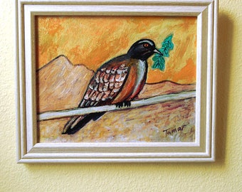 Peace Dove of the Desert , Original Acrylic Painting, Framed Canvas, 8X10 Art, Shalom Artwork, Peace Dove with Olive Branch, Ready to Hang