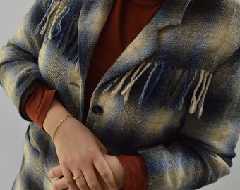 80s fringed wool blend plaid jacket/blazer, size US 8-10