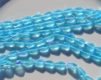 Aqua Blue AB 10x8mm FLat Fire Polish Teardrop Beads 12