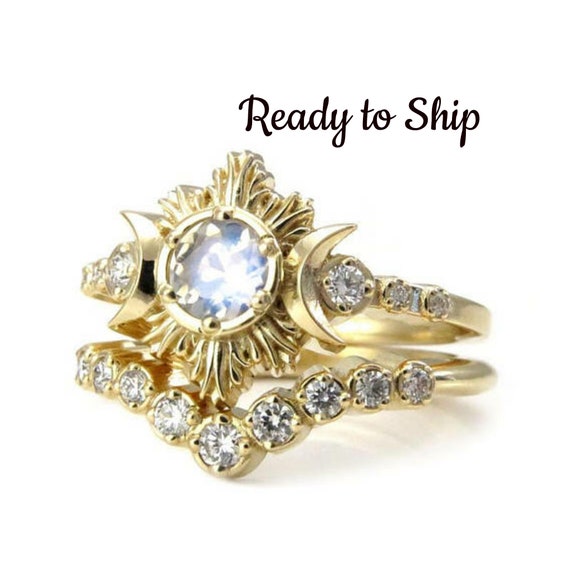 Ready to Ship Size 6-8 - Moonstone and Diamond Engagement Ring Set - 14k Yellow Gold Ceremonial Jewelry
