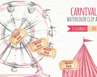 Watercolor Clip Art - Carnival - Fair - Instant Download - Rides - Cotton Candy - Fireworks - Pretzel - Swings - Merry go round - Corn Dog